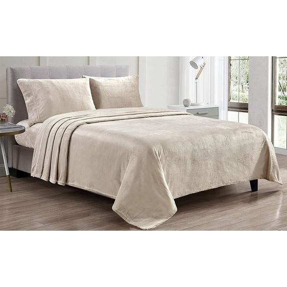 4 PC Sheet Set Microplush Premium Bedding Ultra Soft Plush Linens, Pillow Case, Flat, Fitted 16 In Deep Pocket Sheet, Warm and Comfortable, Kansas Queen Size - Light Brown