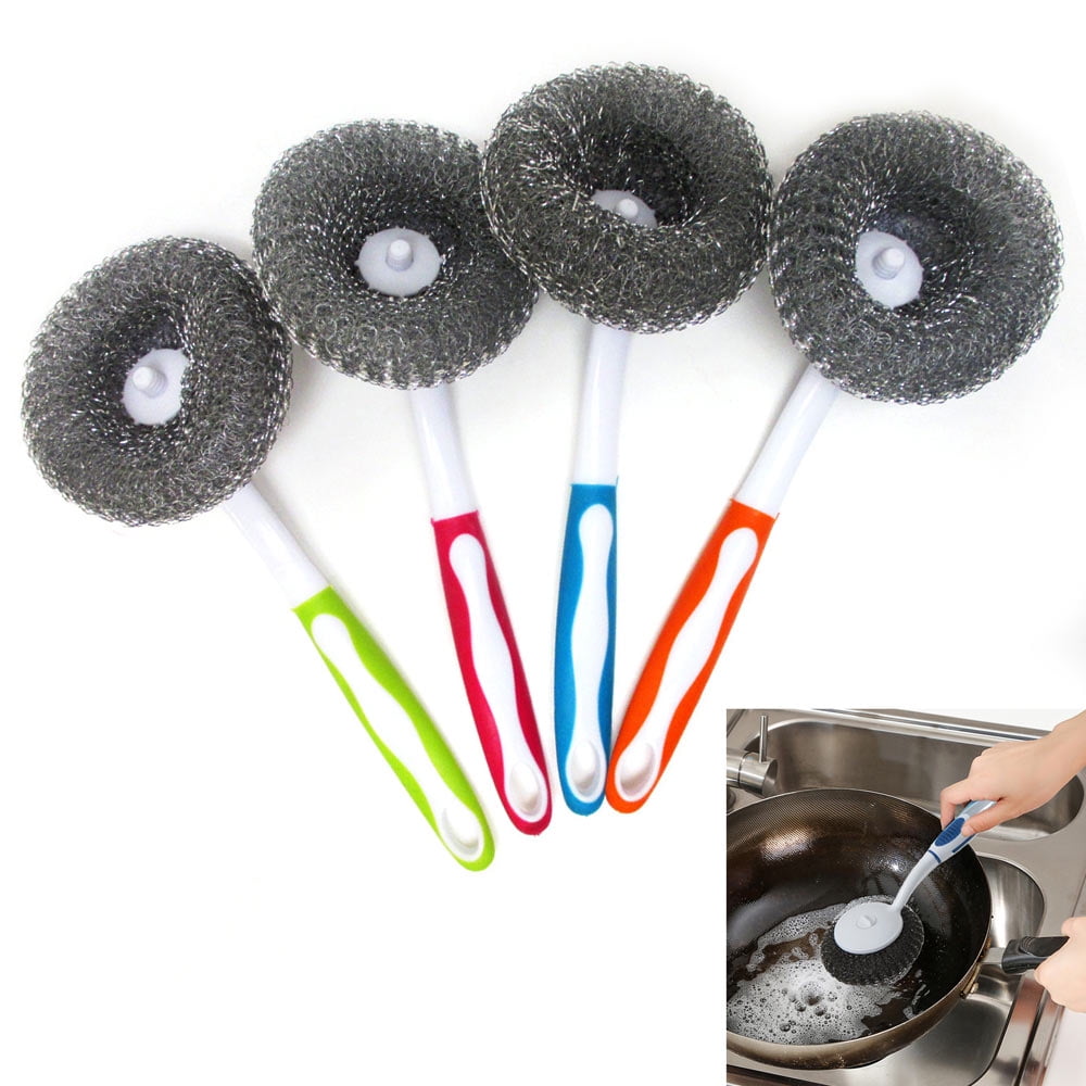 4 PC Stainless Steel Pan Brush Skillet Cleaner Wire Metal Sponge Pot  Scrubber