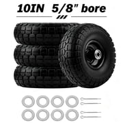 4 PCS 10 inch Solid Rubber Replacement Tire, 3.50-4 Flat Free Wheel with 5/8" Bearings, 2.2" Offset Hub, PU Material for Lawn Garden Cart