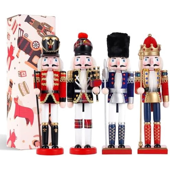 4 PCS 11.8 inch Christmas Decorations Nutcracker Ornaments,Wooden Nutcracker Figures,Festive Collectible Nutcracker Gift forTable Desktop Fireplace Thanksgiving Christmas Decor