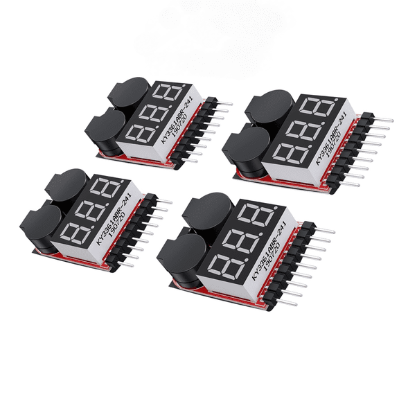 4 PCS 2-in-1 1-8S Lipo Battery Voltage Tester, Low Voltage Buzzer Alarm Monitor Checker for RC Li-ion LiFe Batteries
