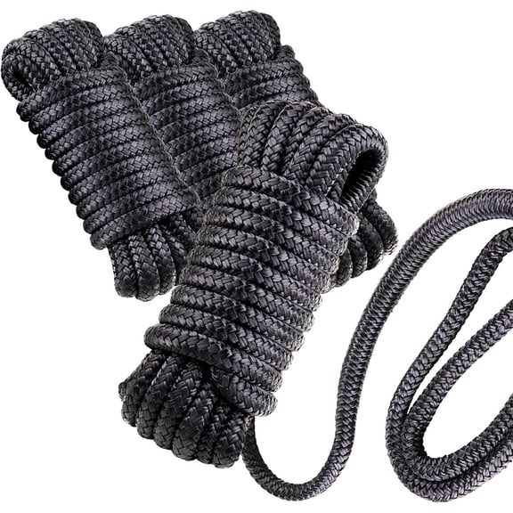 4 PCS 3/8" x 15 Boat Dock Lines, Double Braided Nylon Dock Line, Boat Rope for Docking with 12" Loop, Marine-Grade Premium Docking Ropes for Boats - Black