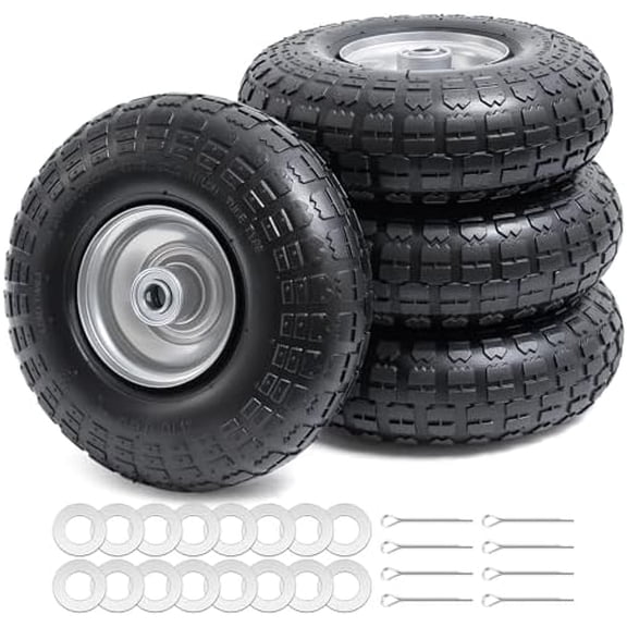 4 PCS 4.10/3.50-4 Tires and Wheels, Replacement Pneumatic Tire10-Inch Wheel with 5/8" Bearings Compatible with Hand Truck, Wheelbarrow, Wagon, Gorilla Carts Tires(Silver) P-096$$Tools