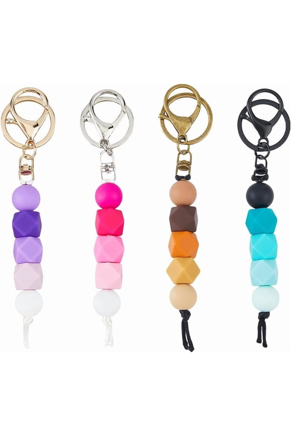 4 PCS 4 Colors Silicone Bead Keychains Silicone Beaded Keyrings 5.78in Length Beads Keychain With Alloy Clasps for Keys Purse Backpack Bag DIY Craft Making