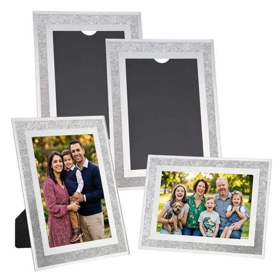 4 PCS 4 x 6 in Silver Crystal Photo Frames, Silver Sparkle Glass Picture Frames for Tabletop Display, Decorative Glitter Frame Set for Wedding Family Portraits, Vertical or Horizontal Stand