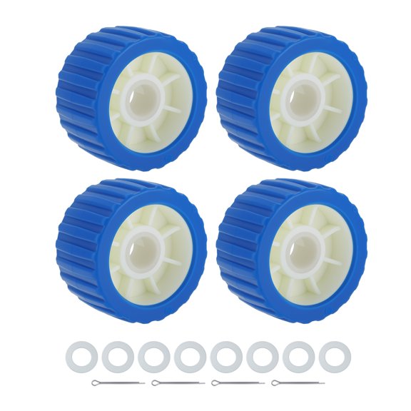 4 PCS 5" X 3" Boat Trailer Wobble Roller, 1-1/8 inch Shaft Boat Ribbed Wobble Roller, 8 Washers, 4 Cotter Pins, Durable Polyurethane, Blue