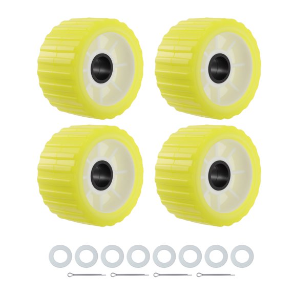 4 PCS 5" X 3" Boat Trailer Wobble Roller, 1-1/8 inch Shaft Boat Ribbed Wobble Roller, 8 Washers, 4 Cotter Pins, Durable Polyurethane, Yellow