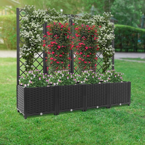 4 PCS 62.99*15.75*55.91in Floor Standing Rectangular Dark Black Plastic Plant Box with Trellis for Balconies