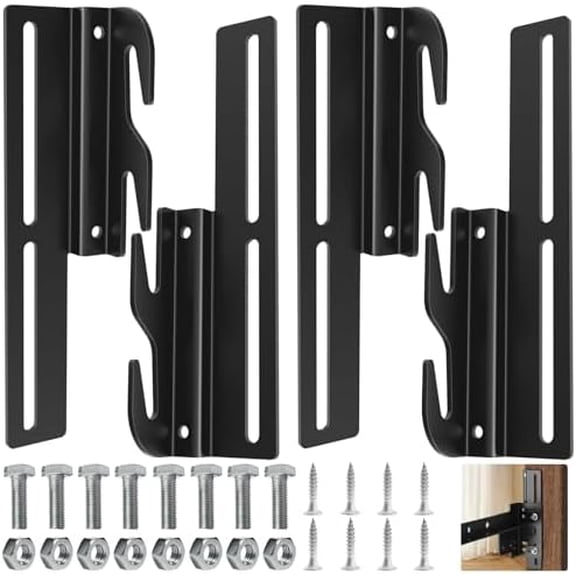 4 PCS #711 Bed Frame Bolt On to Hook On Conversion Brackets for Headboard or Footboard, Hook on Bed Rails Brackets, Extra Heavy Duty Hook Plate Adapter, Headboard Attachment Kit with Hardware, Black