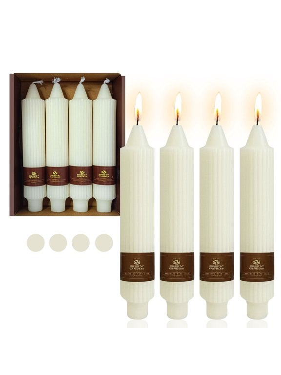 4 PCS | 7inch Handmade White Pillar Candle Unscented Vertical Stripe Taper Candles for Holiday Wedding Party Dinner Household Décor Candlesticks