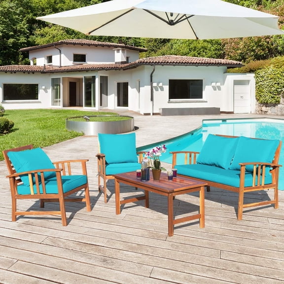4 PCS Acacia Wood Patio Furniture Set, Outdoor Seating Chat Set w/Gray Cushions Back Pillow, Outdoor Conversation Set w/Coffee Table for Garden, Backyard, Poolside (Turquoise)