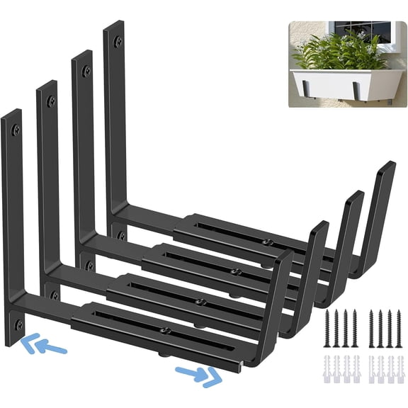 4 PCS Adjustable Planter Box Brackets (6 to 12.5 in), Universal Window Box Brackets, Heavy Duty Metal Flower Box Wall Mounting Hooks for Balcony, Fences, Patio, and Garden - Black