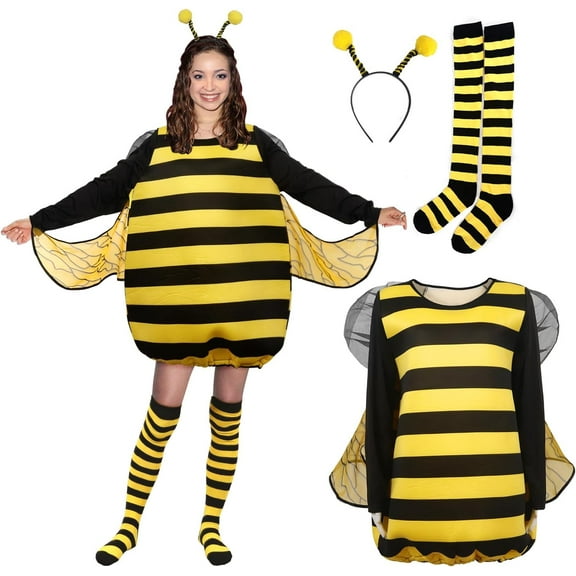 4 PCS Adult Bee Costume Bumble Bee Costume for Women Queen Bee Costume with Headpiece and Stockings