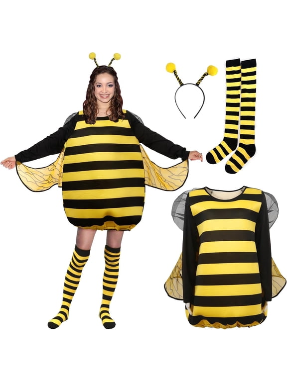 4 PCS Adult Bee Costume Bumble Bee Costume for Women Queen Bee Costume with Headpiece and Stockings