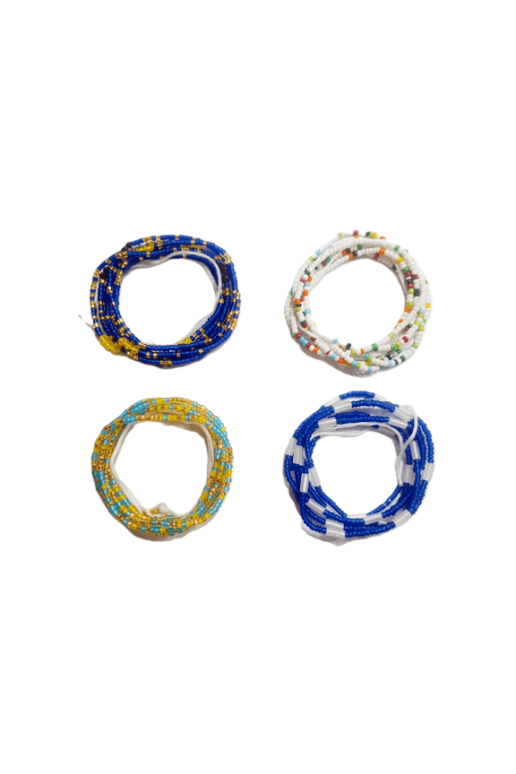 4 PCS African Waist Beads, Blue Yellow & White Body Jewelry Set (44 Inch Tie-On)