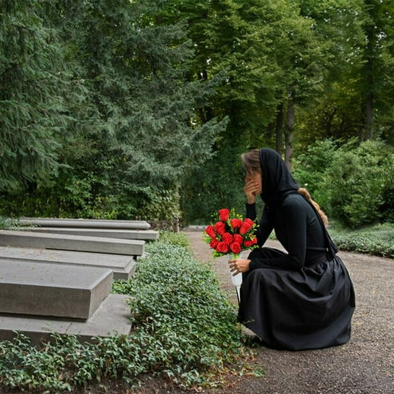 4 PCS Artificial Cemetery Flowers, Outdoor Grave Decorations Roses, Realistic Funeral Flowers, Non-Bleed Colors, 12-Head Red Bouquets, & 1 Matching Saddle, 16.5 Inch Height