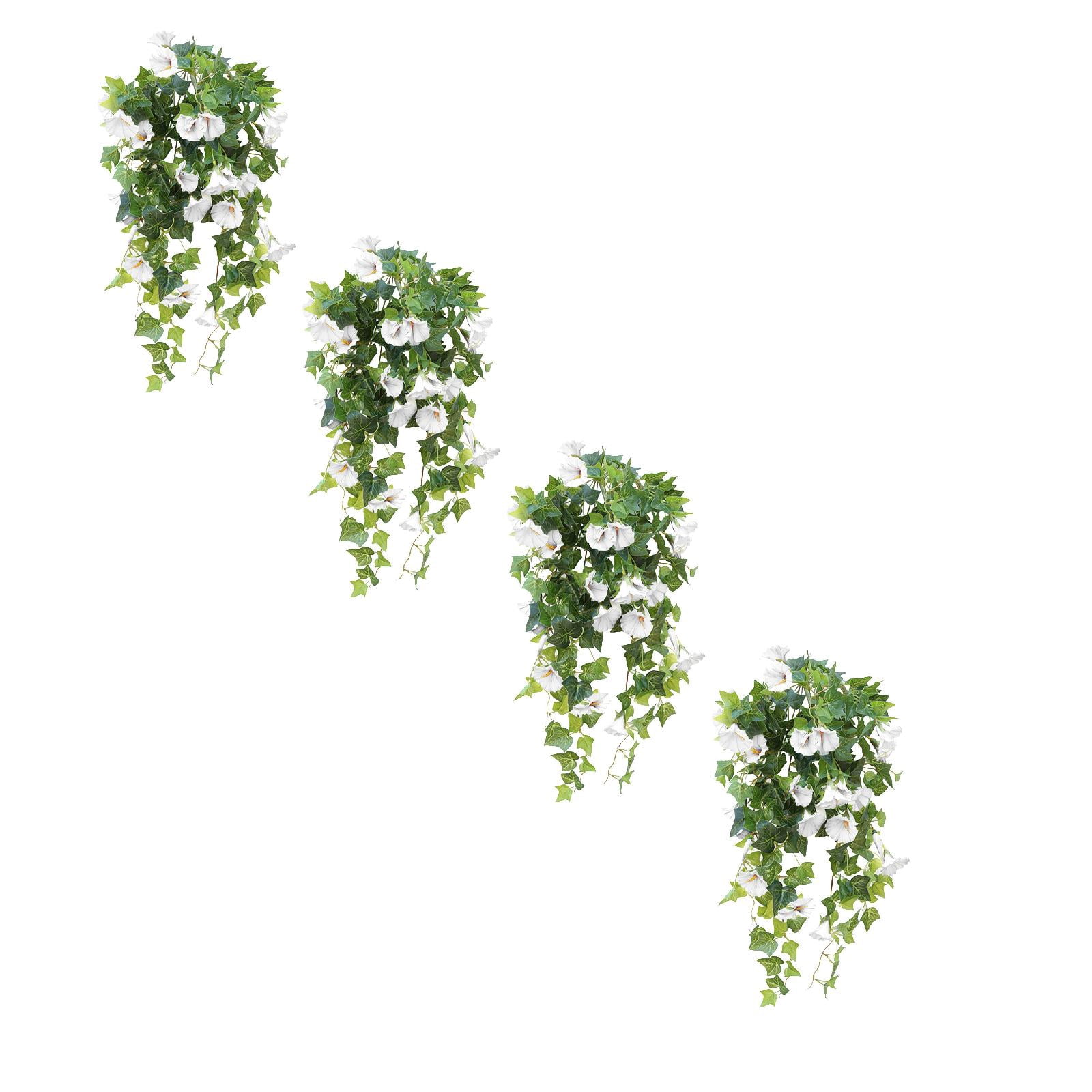 4 PCS Artificial Hanging Flowers Fake Plants Outdoor, Silk Morning Glory Faux Flowers with Eucalyptus Leaves, UV Resistant Realistic Hanging Plants for Home Garden Decor White