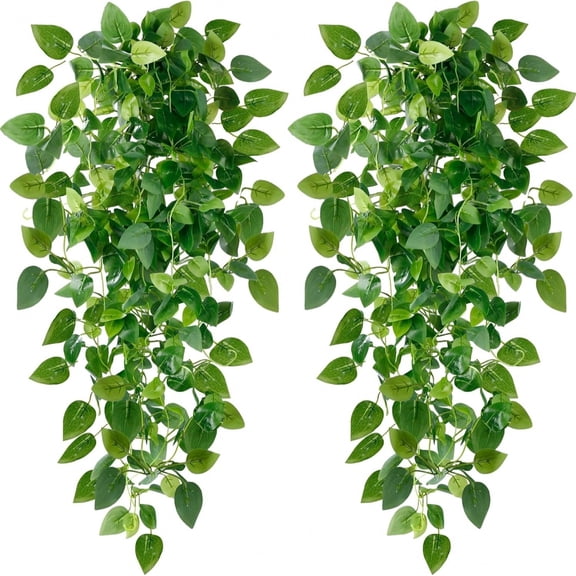 4 PCS Artificial Hanging Plants Indoor Outdoor Artificial Pothos Vine Greenery Garland Wall Home Wedding Patio Kitchen Living Room Farmhouse Shelves Office Decor (Without Basket)