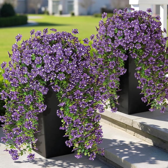 4 PCS Artificial Morning Glory & Euc for Outside, Realistic Sun Resistant Fake Silk Hang Flower Faux Euc Leave for Patio Farmhouse Garden Porches Balcony Decor (Purple)