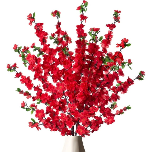 4 PCS Artificial Peach Blossom Flowers Bouquet, 49 inches Silk Faux Flowers Real Touch Multiple Branch Home Wedding Vase Spring Decoration(Dark Red)