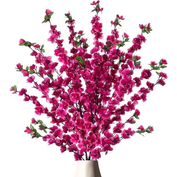 4 PCS Artificial Peach Blossom Flowers Bouquet, 49 inches Silk Faux Flowers Real Touch Multiple Branch Home Wedding Vase Spring Decoration(Dark Red)