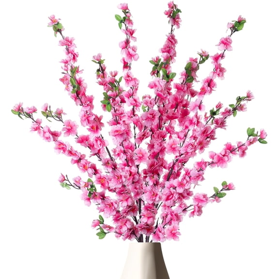 4 PCS Artificial Peach Blossom Flowers Bouquet, 49 inches Silk Faux Flowers Real Touch Multiple Branch Home Wedding Vase Spring Decoration(Dark Red)