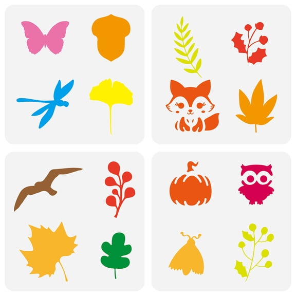 4 PCS Autumn Impression Painting Stencils 5.9x5.9inch Plastic Dragonflies Acorn Ginkgo Biloba Templates Fox Maple Leaf Pumpkin Stencils Owl Plants