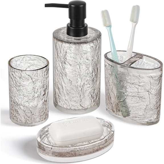4 PCS Bathroom Accessories Set, Black Resin | Smooth exterior with a bark textured interior adds a modern