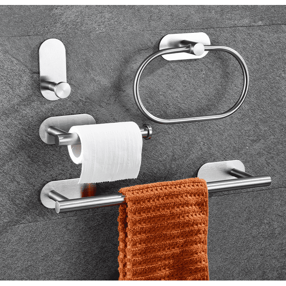 4 PCS Bathroom Hardware Set, Matte Silver Stainless Steel Bathroom Tower Rack Set Includes Towel Bar, Toilet Towel Paper Holder, Towel Ring, Robe Towel Hooks for Bathroom, Kitchen, Washroom Wall