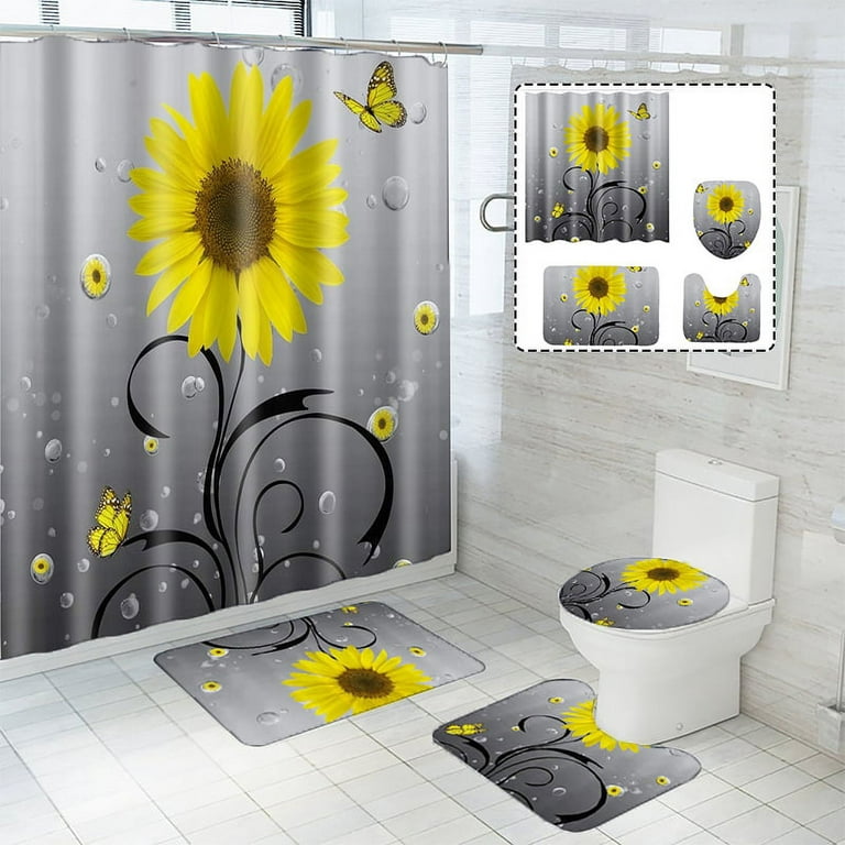 4pcs Daisy Shower Curtain and Rug Sets Bathroom Decor, Waterproof Shower Curtain with Hooks and 3pcs Toilet Cover Mat Set, Size: Shower Curtain