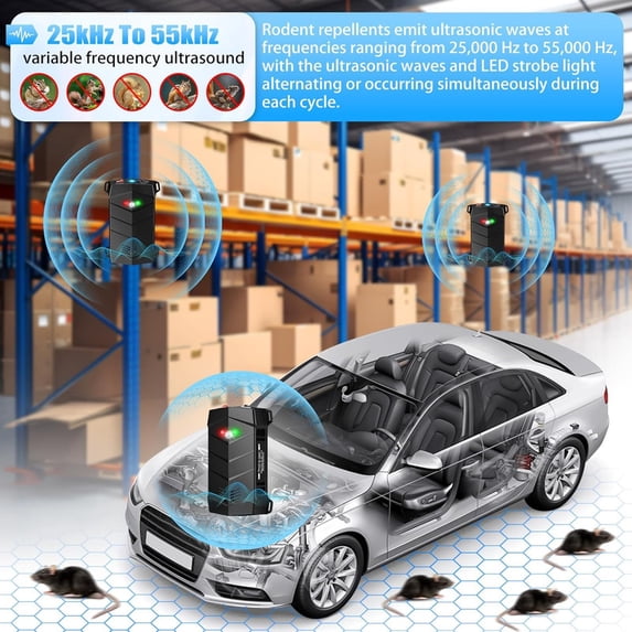 4 PCS Battery Powered Ultrasonic Rodent Repeller for Car Engines – for Cars, Garages, Basements, and Warehouses
