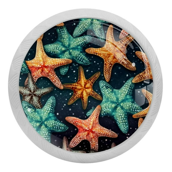 4 PCS Beach Sea Starfish Crystal Glass Round Cabinet Knob Drawer Pull Handle Glowing in The Dark for Kitchen, Cupboard, Dresser, Wardrobe, etc