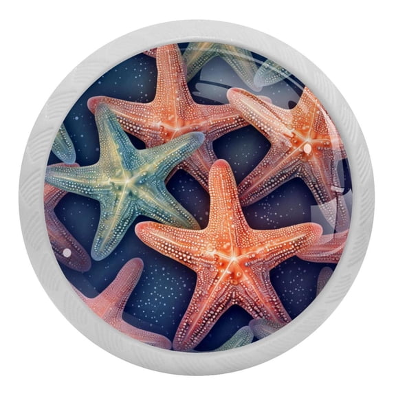 4 PCS Beach Sea Starfish Crystal Glass Round Cabinet Knob Drawer Pull Handle Glowing in The Dark for Kitchen, Cupboard, Dresser, Wardrobe, etc