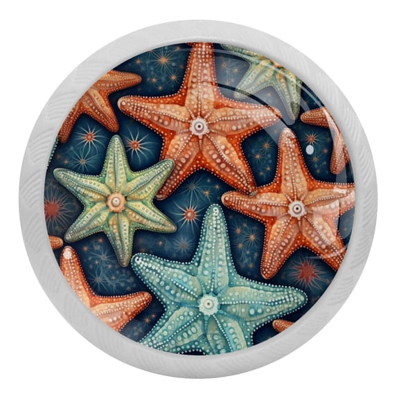 4 PCS Beach Sea Starfish Crystal Glass Round Cabinet Knob Drawer Pull Handle Glowing in The Dark for Kitchen, Cupboard, Dresser, Wardrobe, etc