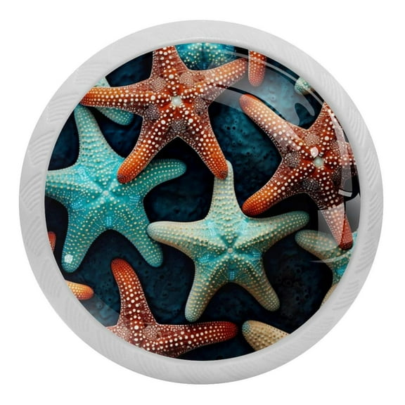 4 PCS Beach Sea Starfish Crystal Glass Round Cabinet Knob Drawer Pull Handle Glowing in The Dark for Kitchen, Cupboard, Dresser, Wardrobe, etc