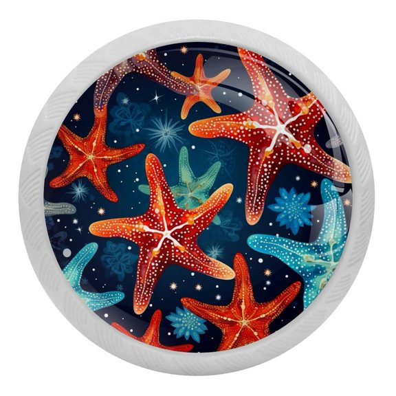 4 PCS Beach Sea Starfish Crystal Glass Round Cabinet Knob Drawer Pull Handle Glowing in The Dark for Kitchen, Cupboard, Dresser, Wardrobe, etc