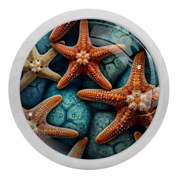 4 PCS Beach Sea Starfish Crystal Glass Round Cabinet Knob Drawer Pull Handle Glowing in The Dark for Kitchen, Cupboard, Dresser, Wardrobe, etc