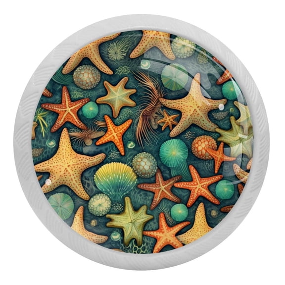 4 PCS Beach Sea Starfish Crystal Glass Round Cabinet Knob Drawer Pull Handle Glowing in The Dark for Kitchen, Cupboard, Dresser, Wardrobe, etc