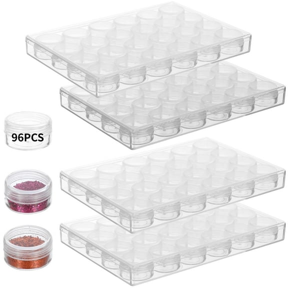 96 Compartments Bead Jars with Lids - 4 Pack Clear Plastic Storage Mini Nail Sequins Glitter Containers, Dustproof Storage Jars for Crafts, Diamond Art | Portable & Stackable