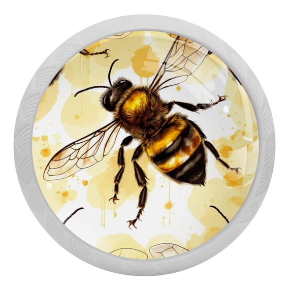 4 PCS Bees Pattern Crystal Glass Round Cabinet Knob Drawer Pull Handle Glowing in The Dark for Kitchen, Cupboard, Dresser, Wardrobe, etc