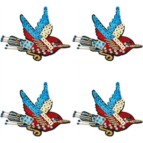 4 PCS Bird Sequin Beaded Cloth Patch Iron on/Sew on Embroidery Appliques Paillette Beading Bird Patch Rhinestone Appliques