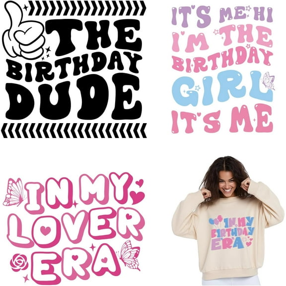 4 PCS Birthday Girl Heat Transfer Stickers The Birthday Dude Iron on Transfers Iron on Patches Stickers Washable Sticker Paper