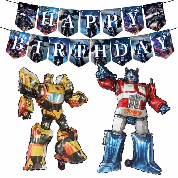 4 PCS Birthday Party Balloons Birthday Banner Transformer Balloons Bumble Bee Balloons Optimus Balloons Robot Theme Balloons