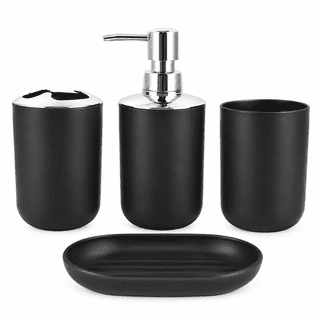 4 PCS Black Bathroom Accessories Set – Modern Soap Dispenser, Toothbrush Holder, Soap Dish & Mouthwash Cup for Vanity Countertop Organization