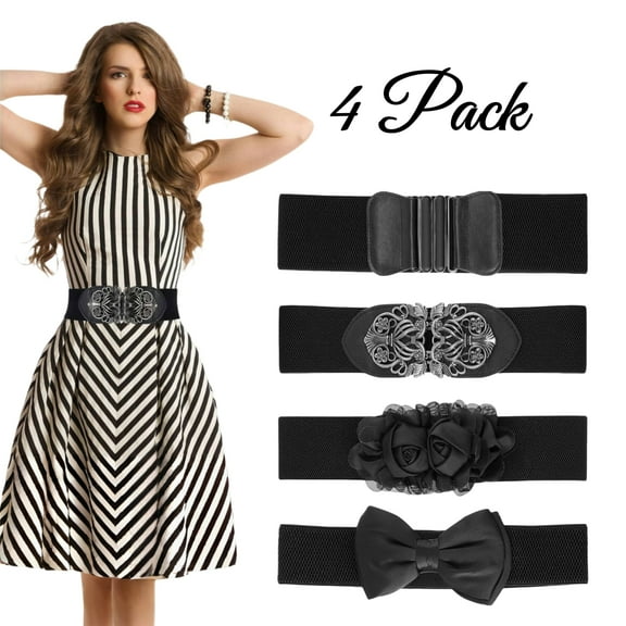 4 PCS Black Color Vintage Waist Belts, Women Elastic Stretch Retro Cinch Belt Waistband For Jeans Pants Dresses Shirts