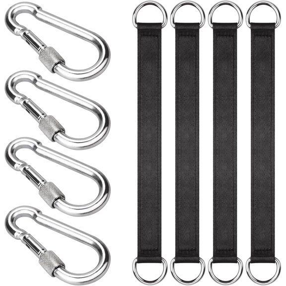 4 PCS Black Tree Swing Straps Hanging Kit with 4 Carabiners, 30cm / 11.8inches Length Tree Swing Hanging Kit Holds 220 lbs Perfect for Tree Swing Hammocks