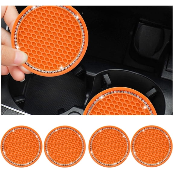 4 PCS Bling Car Cup Coaster, 2.75 Inch Crystal Rhinestone Auto Cup Holder Insert Coaster, Anti-Slip Durable Car Drink Cup Mat, Universal Vehicle Interior Decor Accessories (Orange & White)