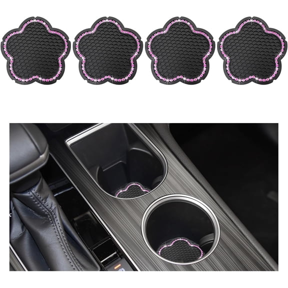 4 PCS Bling Car Cup Holder Coaster, 2.75 Inch Anti-Slip Rhinestone Auto Insert Cup Coaster, Universal Vehicle Cute Plum Blossom Crystal Drink Cup Mat for Women Girls (Black+Pink)