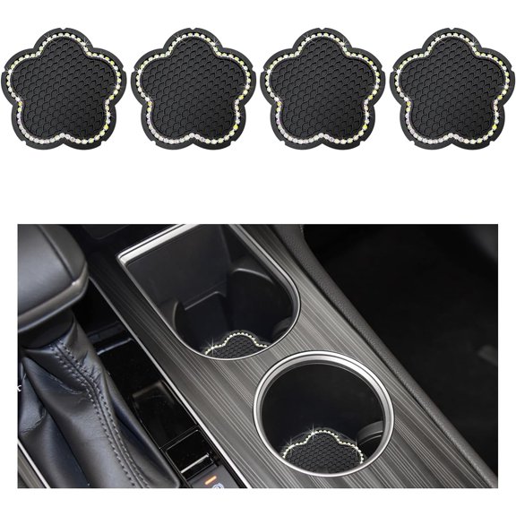 4 PCS Bling Car Cup Holder Coaster, 2.75 Inch Anti-Slip Rhinestone Auto Insert Cup Coaster, Universal Vehicle Cute Plum Blossom Crystal Drink Cup Mat for Women Girls (Black+Colorful)