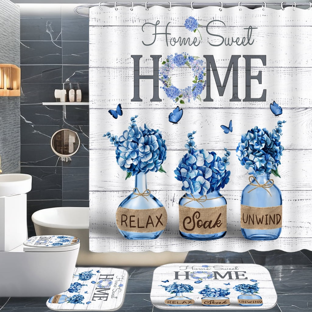 Farmhouse Bathroom Set, 4 PCS Shower Curtain, Rugs & Accessories Blue Hydrangea, 72 X 72 inch